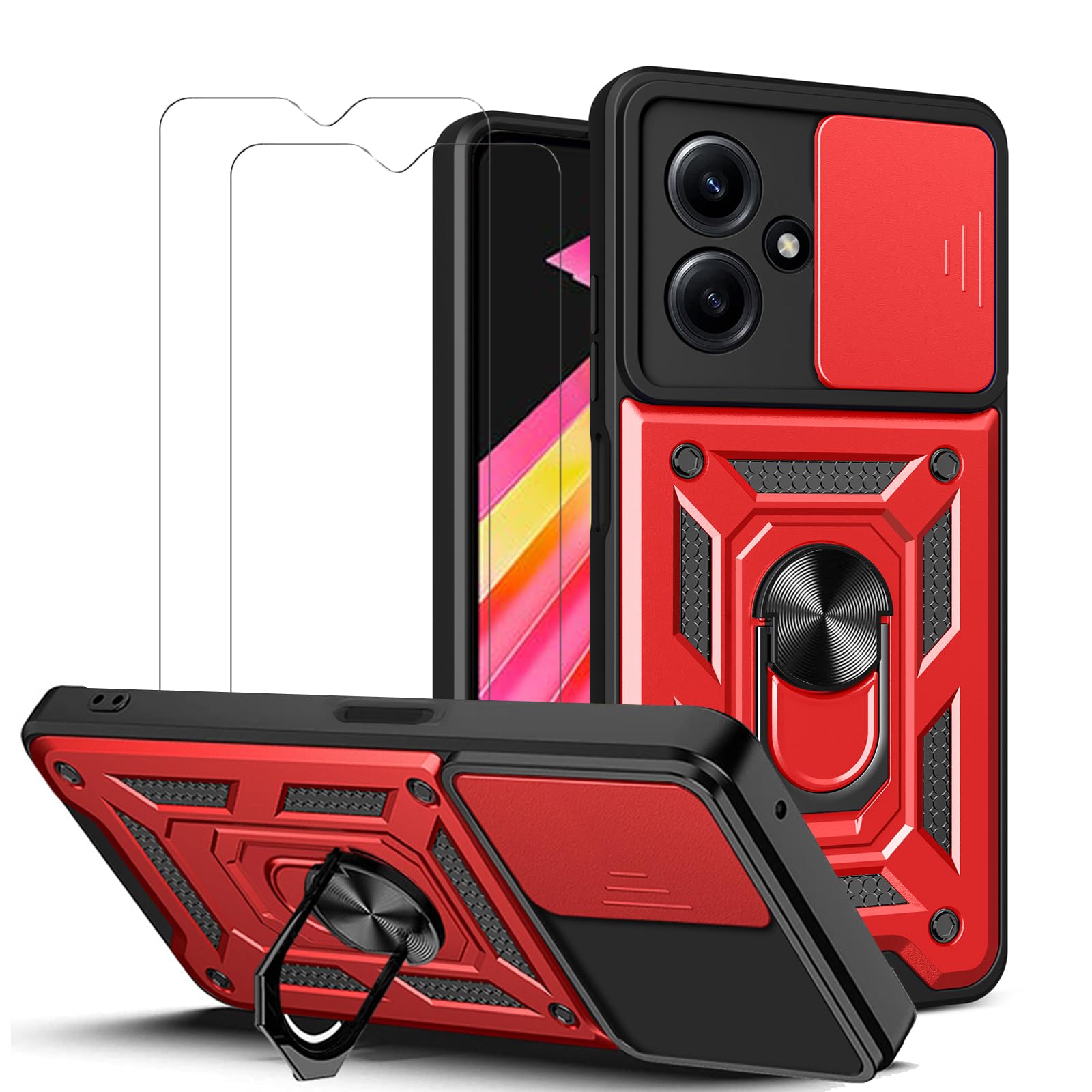 MMlife for Infinix Hot 30i / Hot 30i NFC Case with Slide Camera Cover and Stand Kickstand Ring with Tempered Glass Screen Protector [2 pieces],Military Grade Shockproof Protective Cover, Red