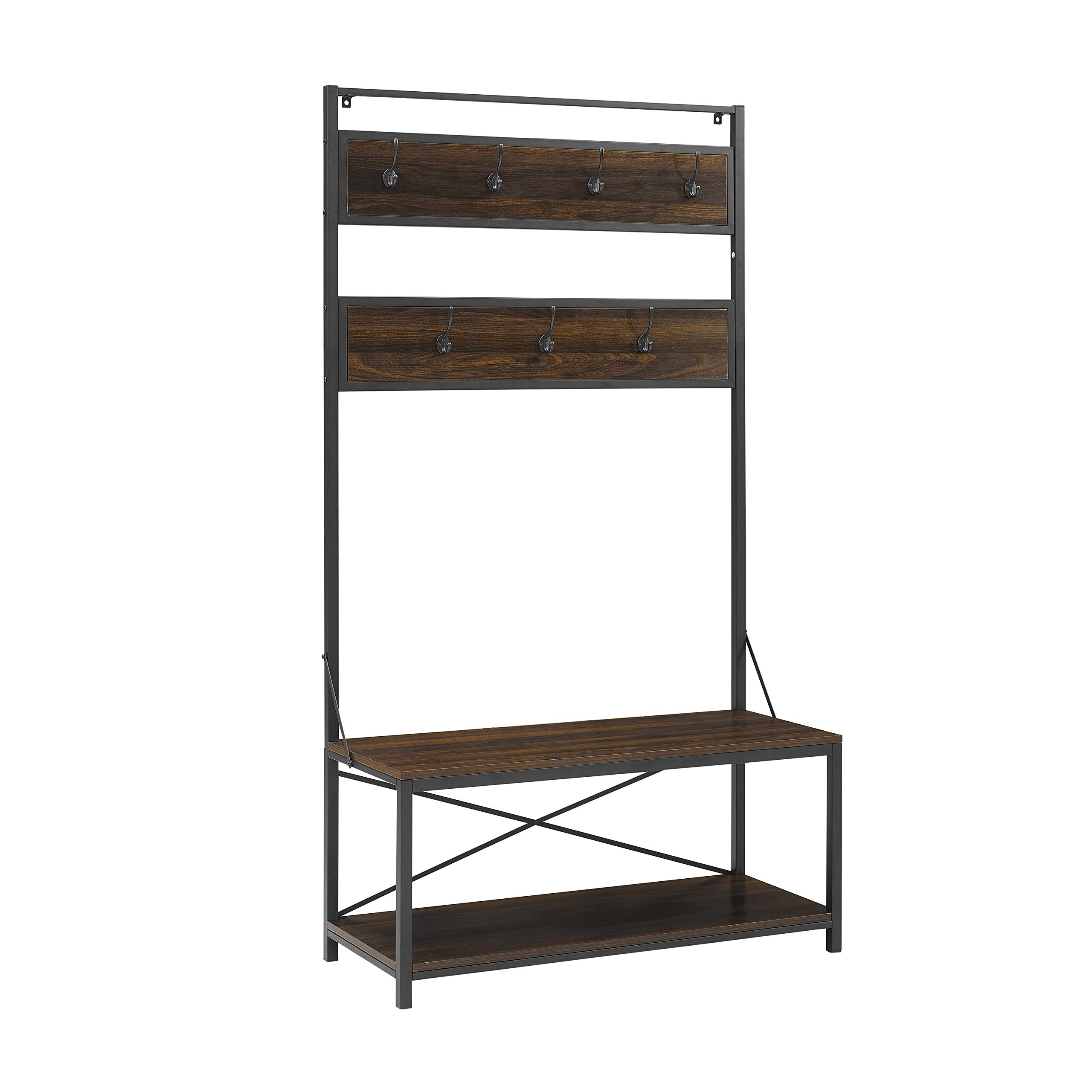 Walker Edison WE Furniture Hall Tree Coat Rack Shoe Bench Entryway organiser 2-Tier Storage Shelf with 7 Hooks, Powder-Coated Metal, Dark Walnut