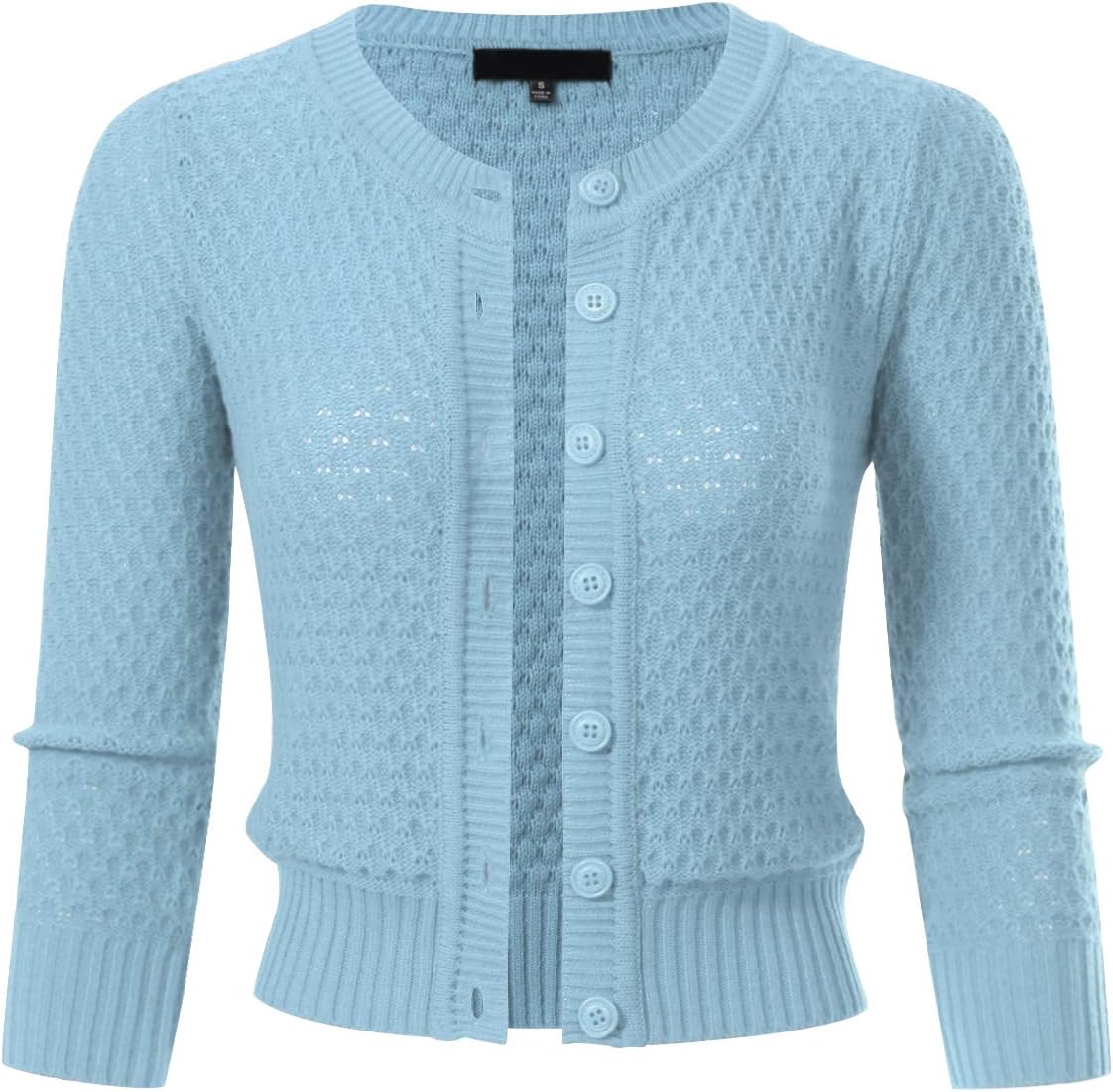 Womens Button Down 3/4 Sleeve Cropped Knit Cardigan Crochet Sweater (S-3XL)