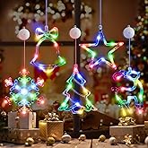 5Pack Christmas Window Lights Decorations Snowflake Tree Star Deer Bells | Battery Powered with Timer Multicolor LED Lighted Hanging Sucker Cup for Xmas Tree Indoor Decor