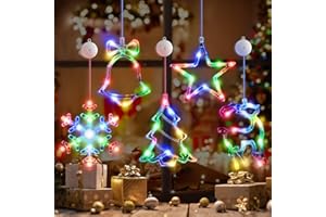 LYUBASA 5Pack Christmas Window Lights Decorations with Timer,Battery Powered Christmas Hanging Multicolor Lighted Snowflake Tree Star Deer Bells Shaped LED Sucker for Xmas Fireplace Indoor Decor