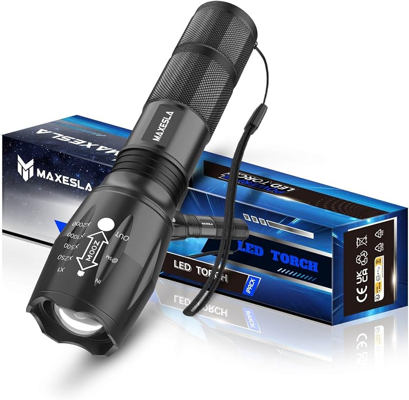 Maxesla LED Torch 2000 Lumens Zoomable Flashlight 5 Modes Water Resistant
