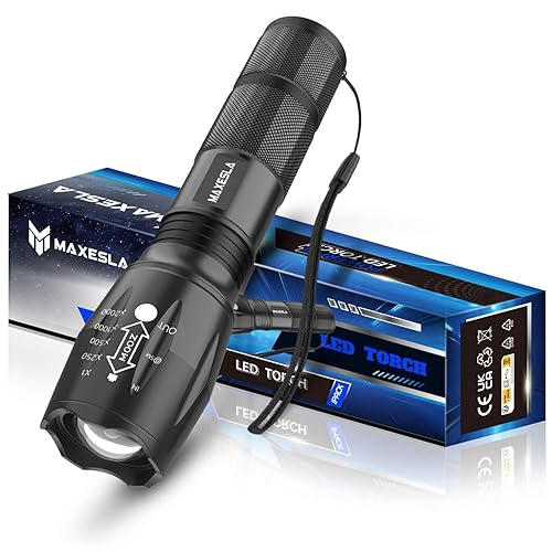 Maxesla LED Torch 2000 Lumens Gifts for Men Dad Kids, Zoomable Torches Led Super Bright Flashlight, Powerful Torches Battery Powered Water Resistant 5 Modes Mini Tactical Torch for Camping Xmas Gifts