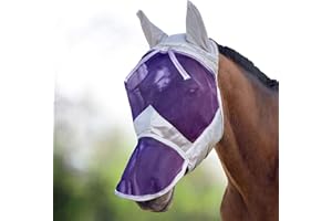 Harrison Howard CareMaster Horse Fly Mask Long Nose with Ears Full Face Silver/Purple Retro Medium Cob