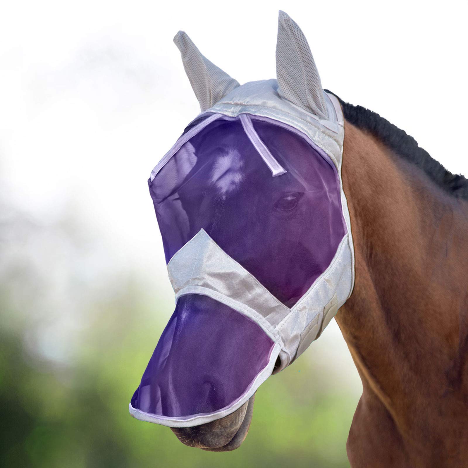 Harrison Howard CareMaster Horse Fly Mask Long Nose with Ears Full Face Silver/Purple Retro XL Extra Full Size