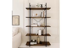 Azheruol 5 Tiers Bookshelf Organizer Industrial Shelf,Modern Open Display Storage Bookcase,Rustic Brown and Metal Bookshelf S