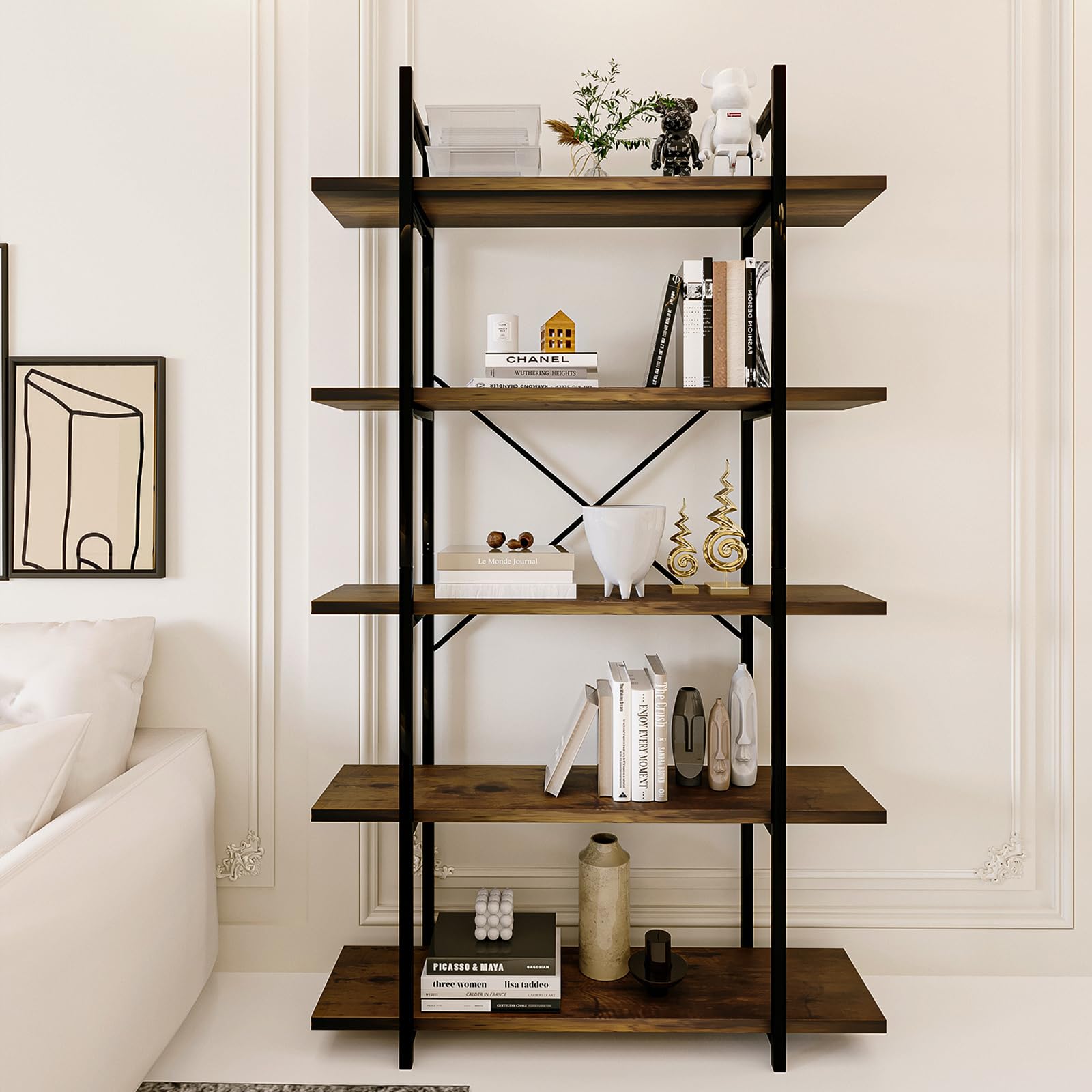 Photo 1 of (missing manual) Azheruol 5 Tiers Bookshelf Organizer Industrial Shelf,Modern Open Display Storage Bookcase,Rustic Brown and Metal Bookshelf 