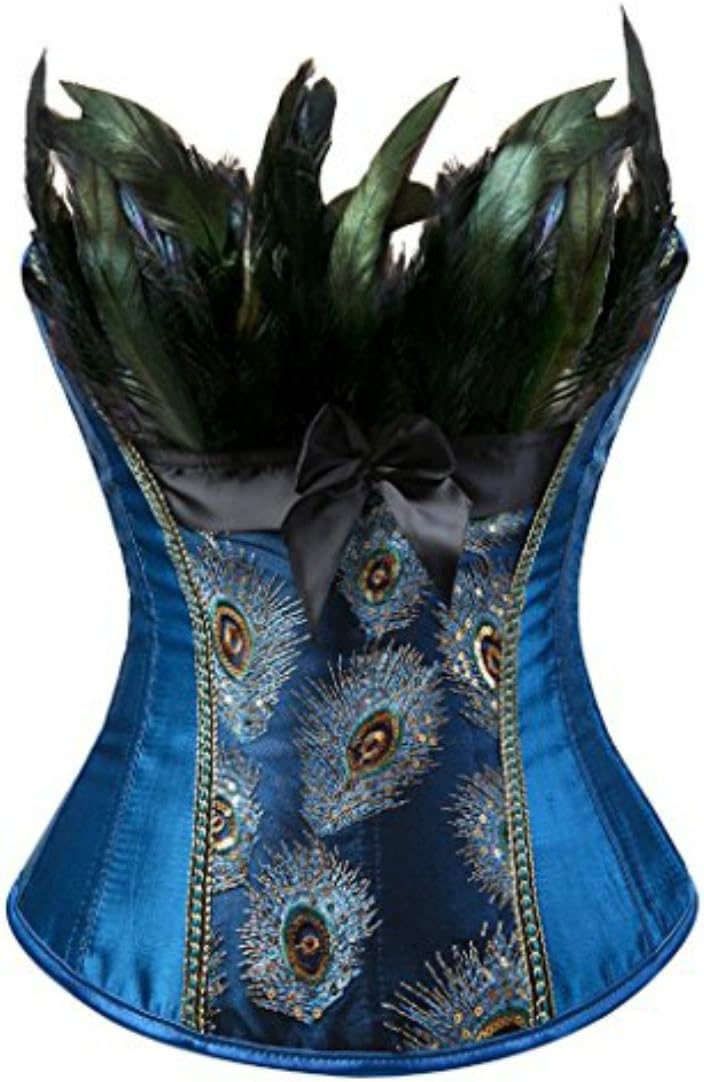 Women's Sexy Satin Waist Cincher Boned Corset with Bustier Feather Peacock Clubwear