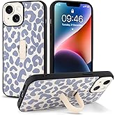 Jefonha Compatible with iPhone 14 Case with Finger Hand Strap Kickstand, Trendy Cool Leopard Cheetah Print Phone Case for Women Men, Full Camera Protection Shockproof Protective Cover, White