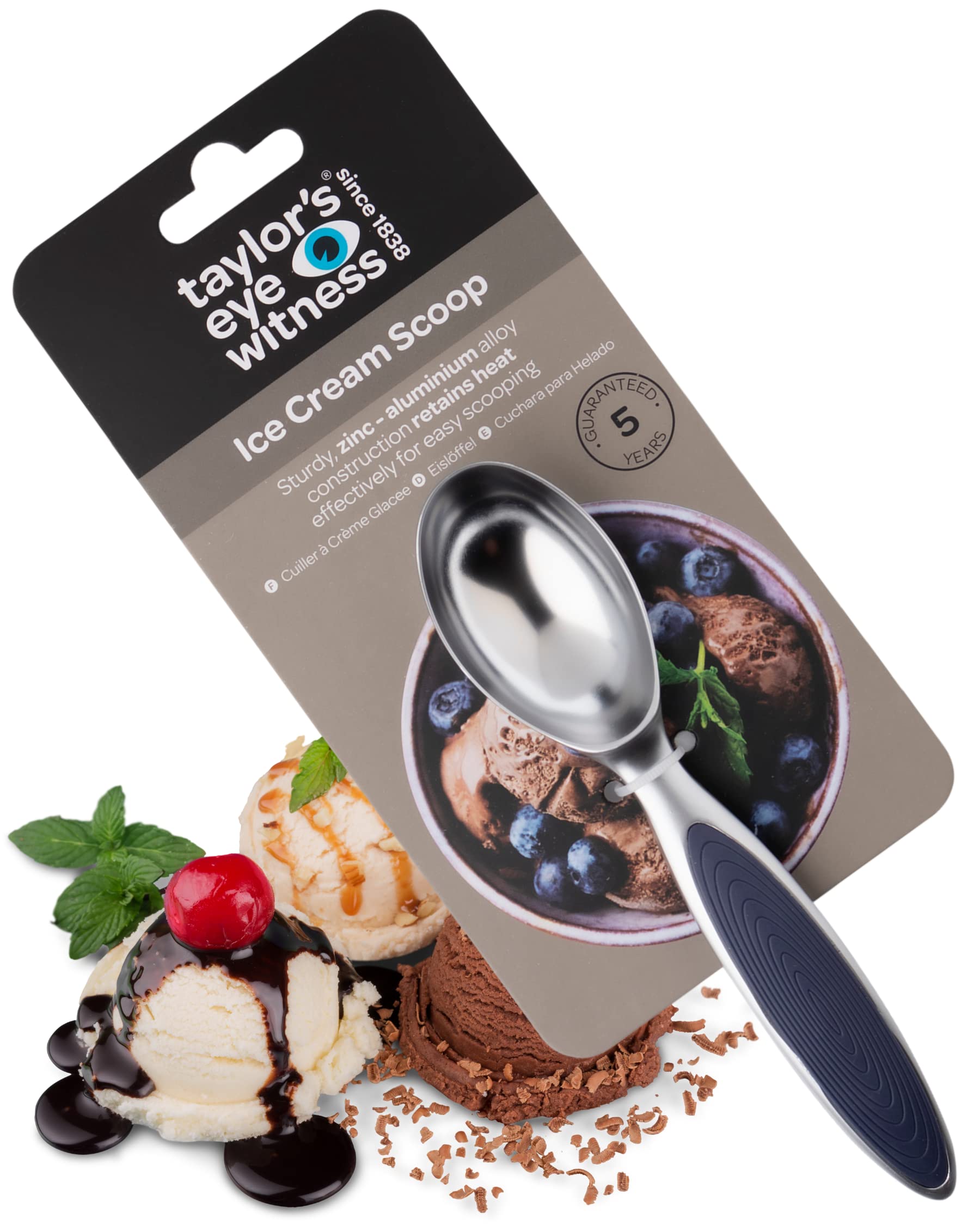 Aluminum Spoon Ice Cream Scoop - Taylor Eye Witness. Easy to use. Perfect Accessory for Tackling Frozen Desserts, Dishwasher Safe. Also for Making Balls Out of Melon and Other Fruit, Denim Blue