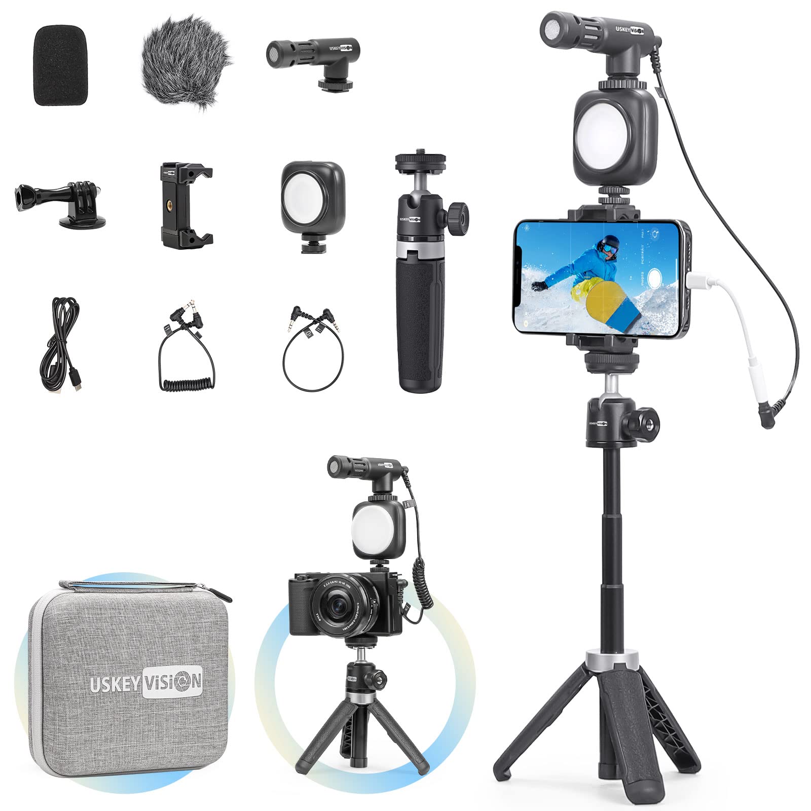 USKEYVISION Mini Vlogging Kit for iPhone,Youtuber Starter Kit with Gopro Adaptor,Vlogging Tripod,Phone Microphone,LED Light,Phone Holder,Vlogger Kit for Youtube/Tiktok/Live Streaming/Makeup(E-Nano)