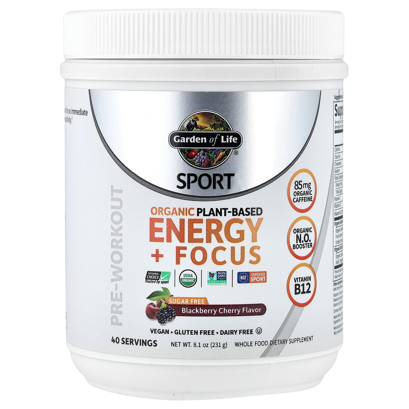 Garden of Life Sport Organic Plant-Based Energy + Focus Vegan Clean Pre Workout Powder, Sugar & Gluten Free BlackBerry Cherry with 85mg Caffeine, Natural NO Booster, B12, 40 Servings, 8.14 Oz