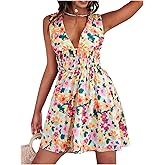Floerns Women's Cut Out Backless Sleeveless Shirred Floral A Line Short Dress