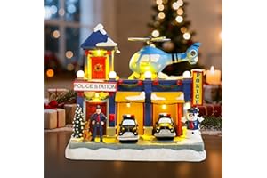 WONDER GARDEN Christmas Village Houses-Christmas Houses Village - Lighted Musical Police Station Collectible Buildings with Moving Car and Helicopter for Home Indoor Decor or Gift