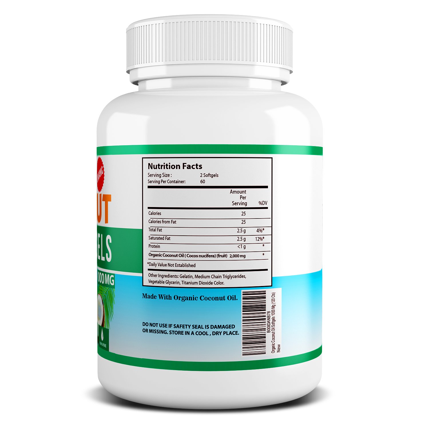 Coconut Oil Capsules Pure Extra Virgin Organic Pills MCT Oil Pill 1000 Mg Made in USA(60