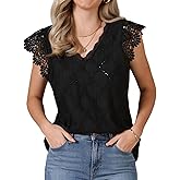 Allegra K Eyelet Tops for Women's Casual Cap Sleeve Embroidered Blouse