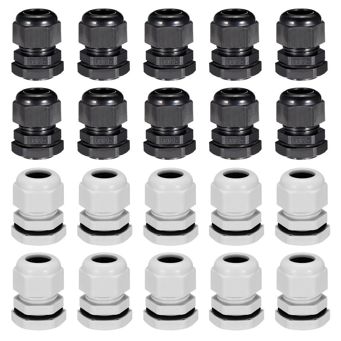 Sourcingmap 20Pcs PG13.5 Cable Gland Waterproof Plastic Joint Adjustable Locknut White,Black for 6mm-11mm Dia Cable Wire