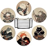 Dooke Coasters for Drinks, Round Absorbent Ceramic Stone Coasters Set of 6 with Cork Base, Funny Drink Coasters with Holder for Cold Drinks Wine Mugs and Cups Tabletop Protection,Japanese‌ Cat