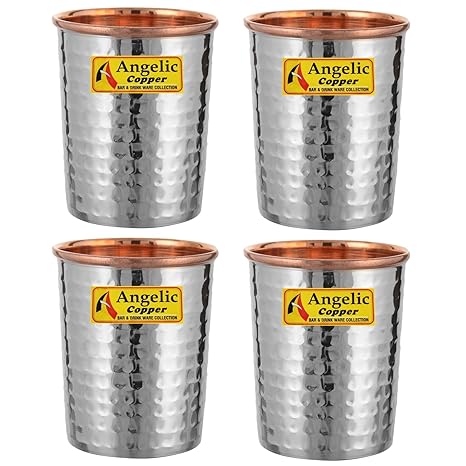 Angelic Copper Steel Hammered Glasses Set, 260 ml, Set of 4, Brown