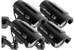 F FINDERS&CO Solar Powered Fake Security Camera, Bullet Dummy Security Camera Surveillance System with Realistic Red Flashing Lights Indoor Outdoor (4 Black)