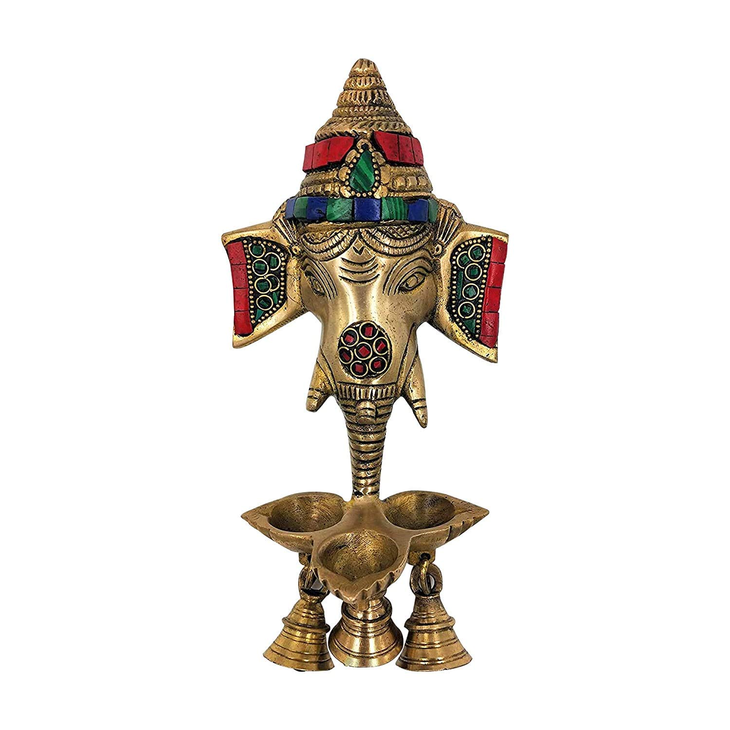 Guruji Divinity Metal Brass Ganesh Deepak with Bells/Brass Ganesha Wall Hanging Puja Idol Oil Lamp/Brass Ganesha Face for Home Décor, for Mandir Temple
