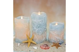 Silverstro Ocean Flameless Candles Remote Carved Seashell Real Wax Flicker Battery Operated Candles for Home Party Wedding Nautical Thanksgiving Christmas Easter Decor - Set of 3(Blue)