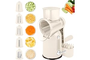 Rotary Cheese Grater with Handle: 5-in-1 Cheese Grater Hand Crank, Strong Suction Base for Fruit Vegetables Nuts with Blade S