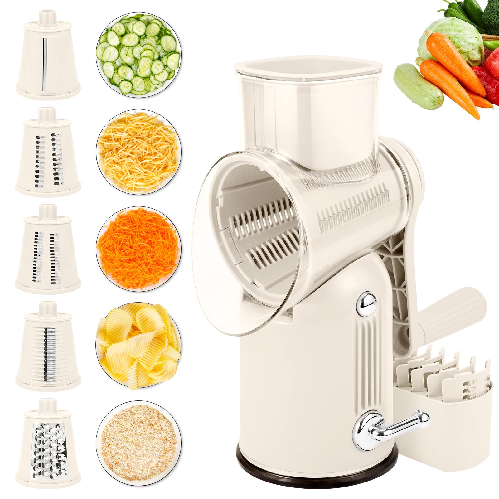 Photo 1 of Rotary Cheese Grater with Handle: 5-in-1 Cheese Grater Hand Crank, Strong Suction Base for Fruit Vegetables Nuts with Blade Storage Box (White)