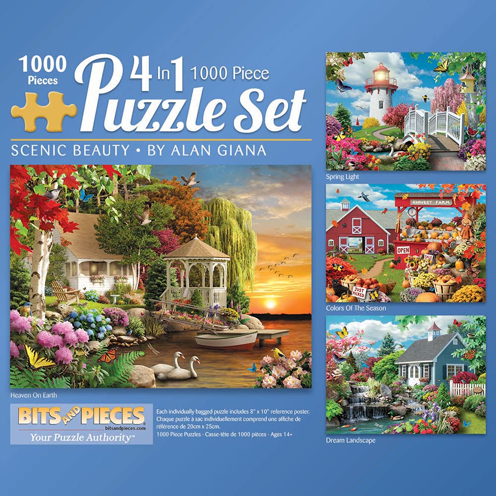 Bits and Pieces - 1000 Piece Jigsaw Puzzle Multi-Pack for Adults 51cm x 69cm - Alan Giana Scenic Beauty 4-in-1 Multi-Pack - Spring Light, Dream Landscape, Heaven On Earth, Colors of The Season