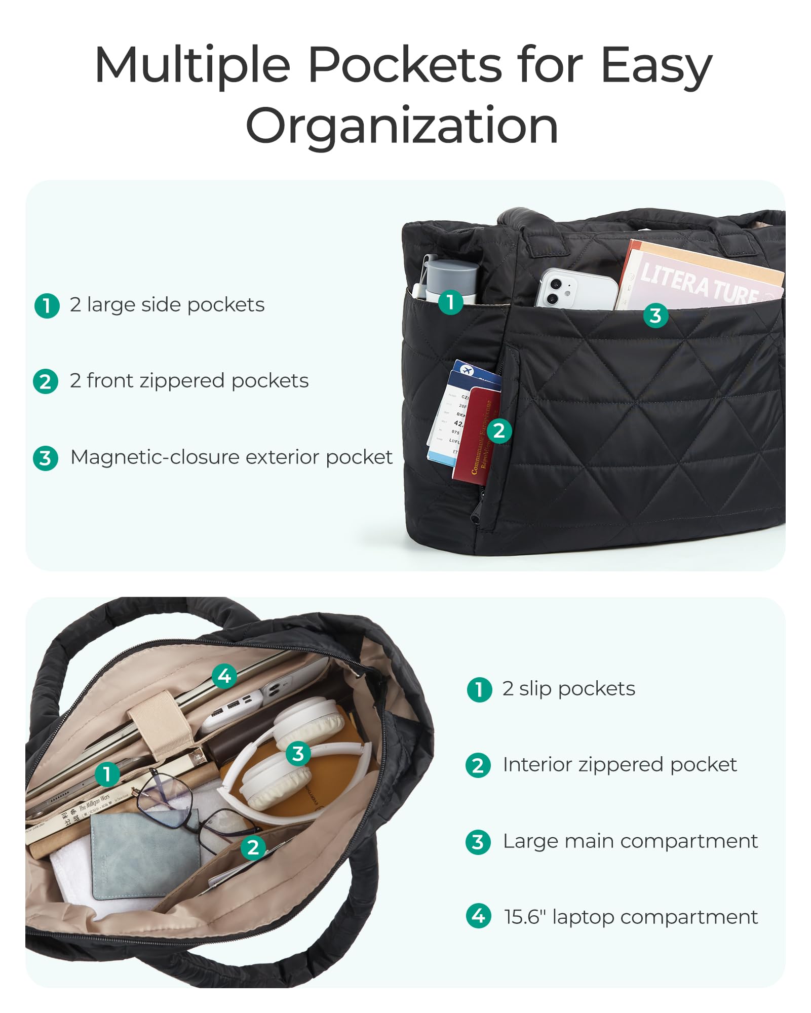 BAGSMART Tote Bag for Women, Puffy Tote Bag with Zipper, Large Quilted Shoulder Bag with Compartments for Travel, Work, Gym