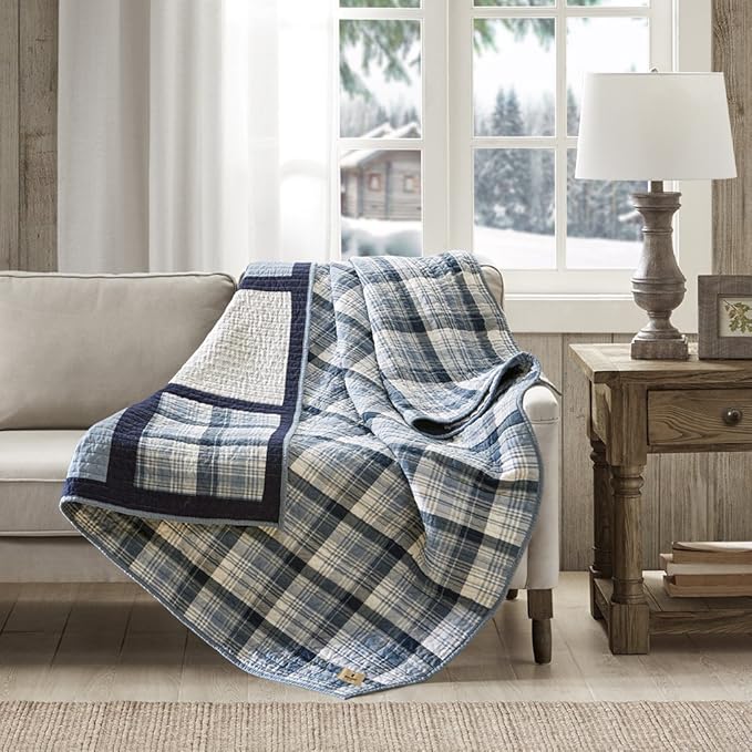 Woolrich Huntington Luxury Oversized Cotton Quilted Throw Blue 50x70 Plaid Premium