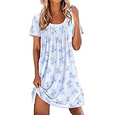 Ekouaer Nightgowns for Women Pleated Sleep Shirts Short Sleeve Night Shirts Lace Trim Night Gown Ladies Sleep Dress