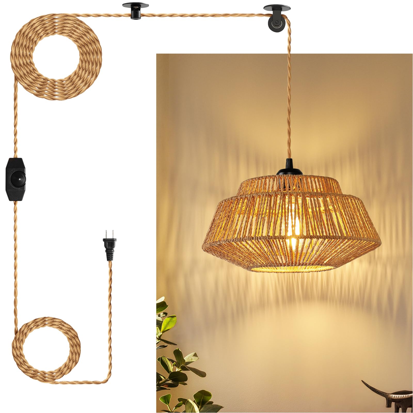 Photo 1 of Hanging Lamp Plug in Pendant Light - Boho Rattan Pendant Lights for Ceiling Dimmable Hanging Lights with 23ft Plug in Cord Paper Woven Lampshade Hanging Lamps for Bedroom Living Room Kitchen Island