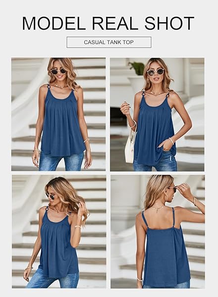 BLENCOT TANK TOP FOR WOMEN PLEATED SPAGHETTI STRAP CAMISOLE SUMMER SCOOP NECK LOOSE FIT CASUAL SLEEVELESS SHIRTS BLUE S