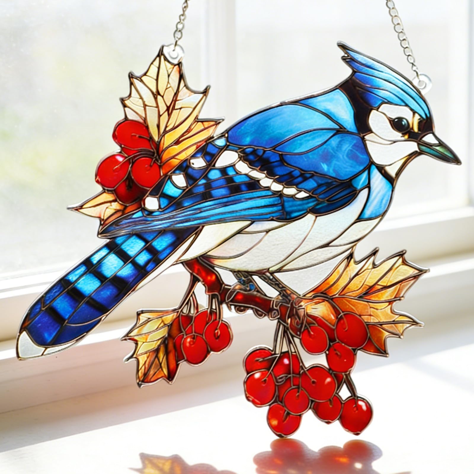MEIYUDA Stained Glass Window Hanging Suncatcher, Blue Jay Sun Catchers for Windows Double Side Glass Panel Hanging, Craft Decor Birthday Gifts for Women, Men, Mom and Lovers 20x20cm