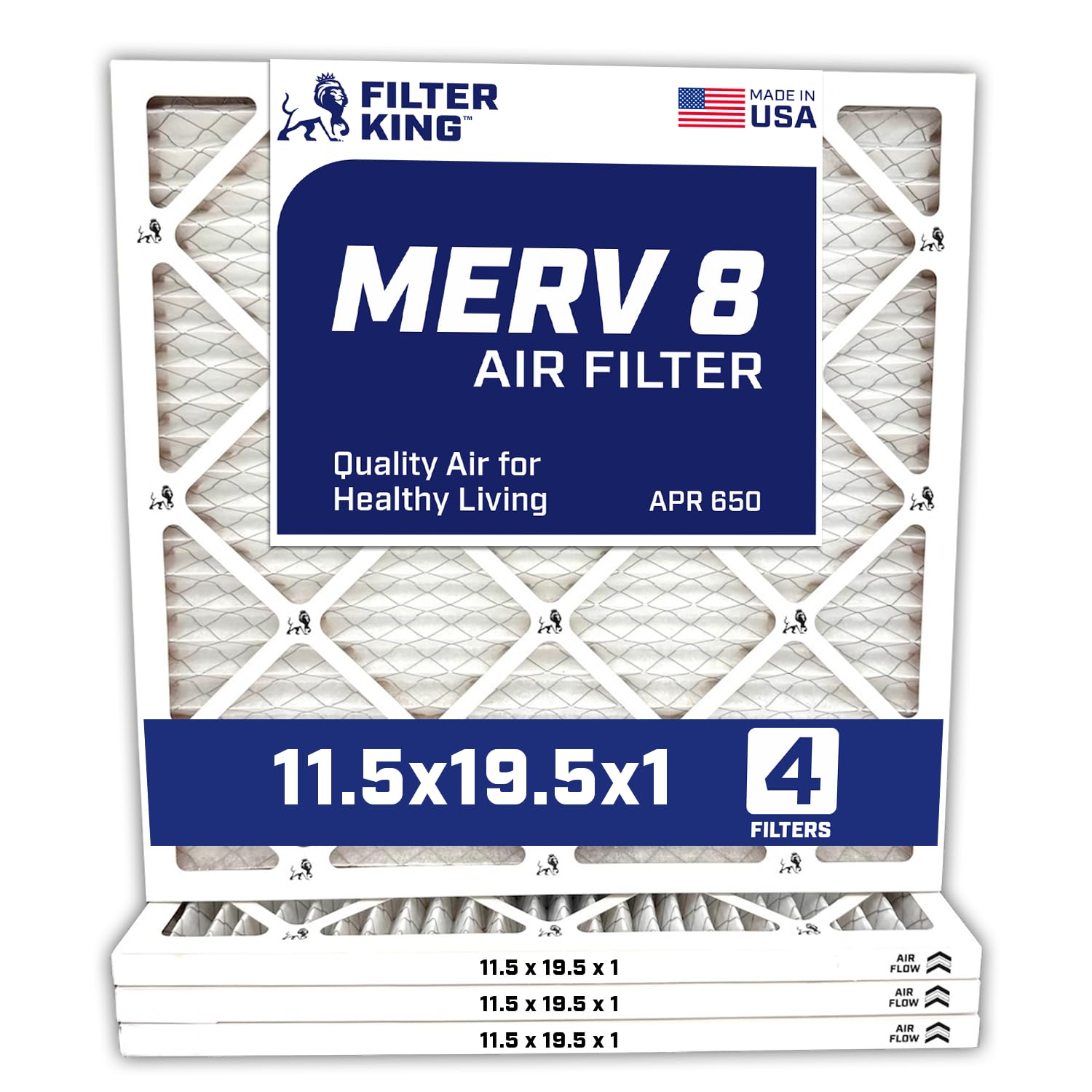 Filter King 11.5x19.5x1 Air Filter | 4-PACK | MERV 8 HVAC Pleated A/C Furnace Filters | MADE IN USA | Actual Size: 11.5 x 19.5 x .75" Image