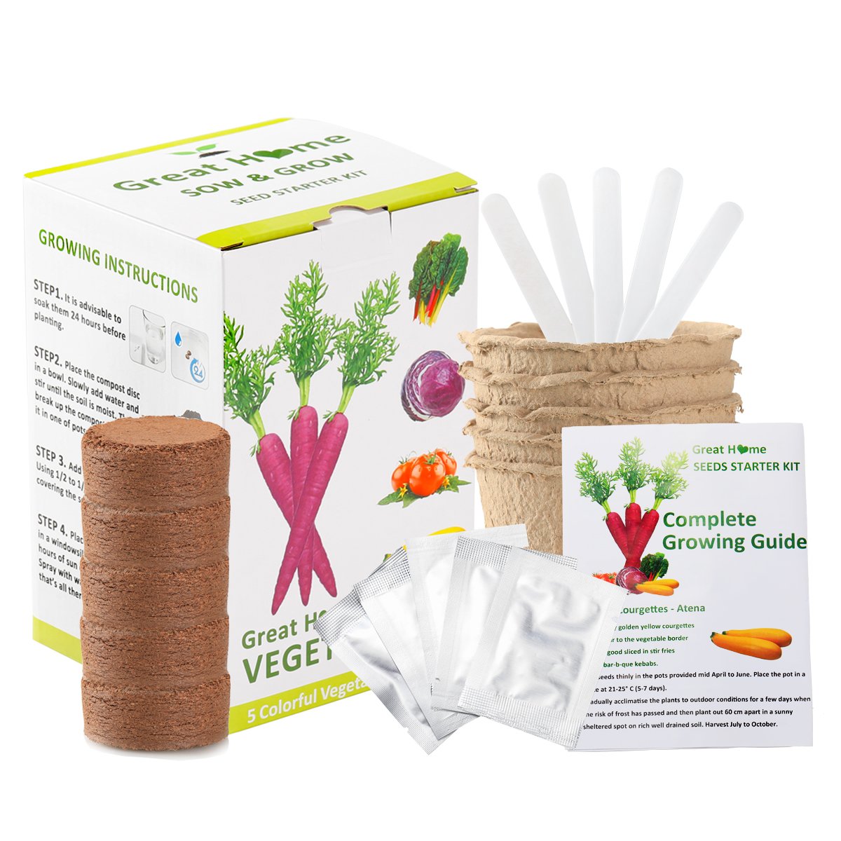 Vegetable Garden Seed Growing Starter Kit Indoor for Kids Easily Grow 5 Fresh Veggie Garden Kit Tomatoes,Purple Carrot,Rainbow Chard,Brussel Sprout Shipping from US