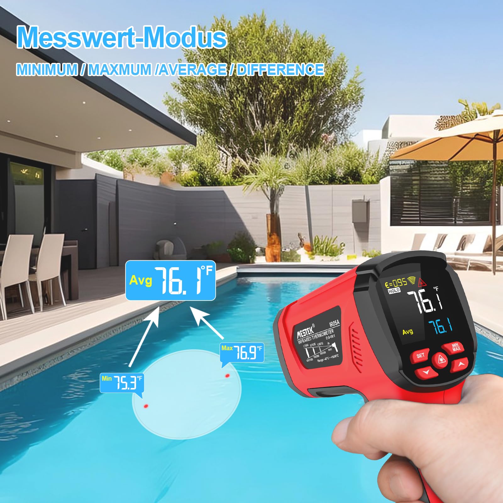 Infrarot Thermometer MESTEK Hochtemperatur Digital Laser Temperaturmessgerät -40°C bis 1600℃ mit K-Sonde IR Pyrometer Berührungslos LCD Alarm Einstellbarer Emissionsgrad für Kochen Industrial HVAC 6