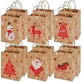 Christmas Kraft Gift Bags 12 Count Assorted Styles Bags Xmas Small Paper Bags with Handles Christmas Goodie Bags with Christmas Prints for Xmas Gift Wrapping Christmas Party Supplies