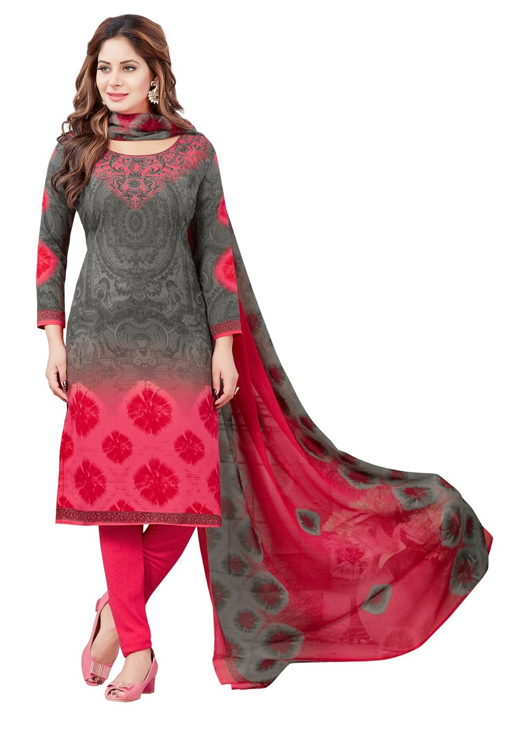 salwar studio women's grey & pink synthetic printed dress material with dupatta-monsoon-2169