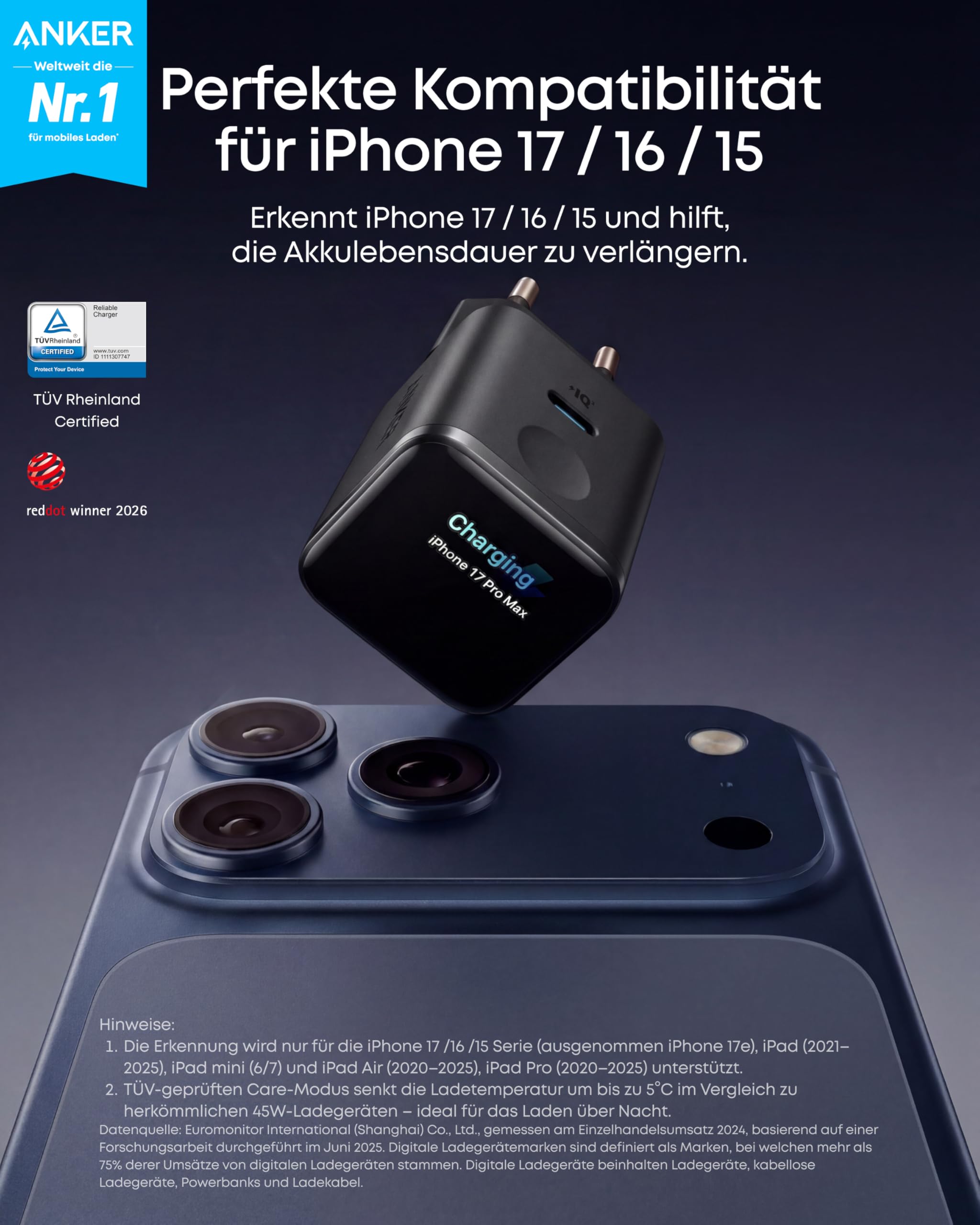 Anker Smart Ladegerät, Anker Nano 45W USB C Ladegerät mit Display und intelligenter Erkennung, integriertem Schonmodus, kompaktes GaN Schnellladegerät für iPhone 17/16/15 Serie, iPad, MacBook 2