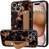 LAPOPNUT for iPhone 14 Case with Wrist Strap, Cheetah Leopard Tortoise Shell Print Shockproof Soft TPU Protective Case for Women Girls, Slim Anti Scratch Case for iPhone 14 6.1 Inch,Brown