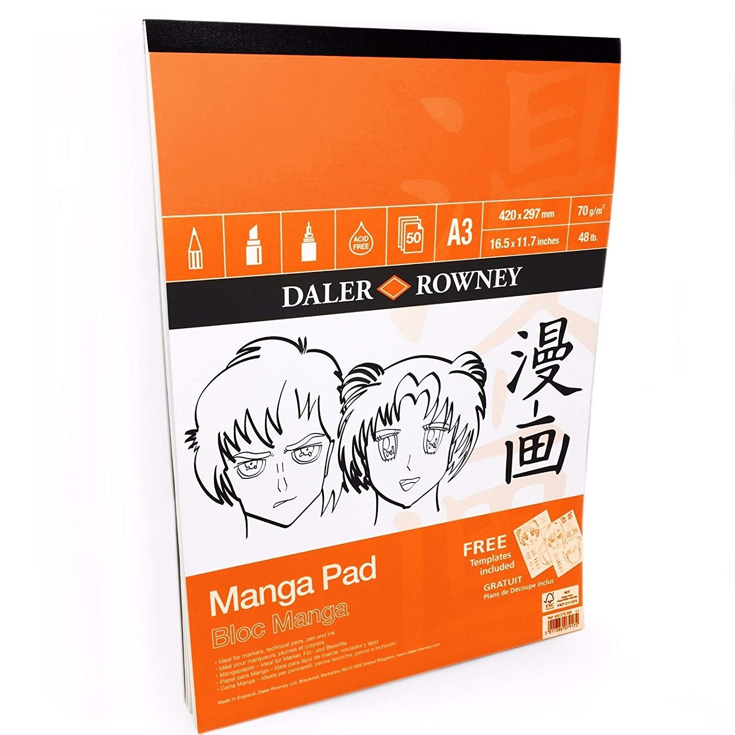 Daler-Rowney Manga Smooth Surface 70gsm A3 Marker Paper Pad, Glued 1 Side, 50 White Sheets, Ideal for Professional Artists & Students