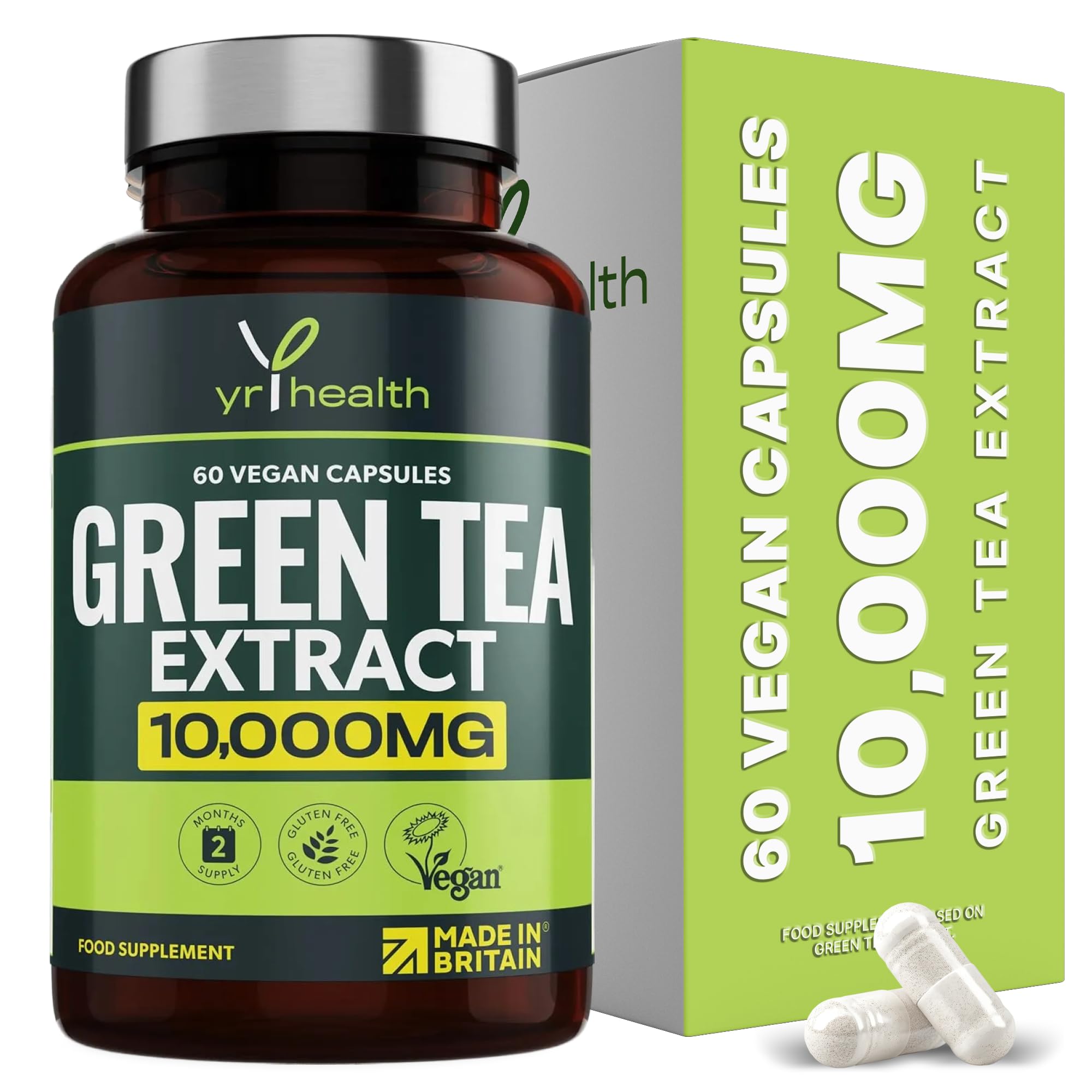 Green Tea Capsules from Vegan Green Tea Extract 10,000mg, Green Tea Tablets High Strength for Weight Loss, Metabolism Booster Keto Diet, 60 Vegan Society Registered Capsules, UK Made by YrHealth