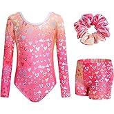 JiAmy Gymnastics Leotards for Girls Cross Back, Long Sleeve Sparkly Dance Biketards with Shorts Ballet Outfit for 3-12 Years