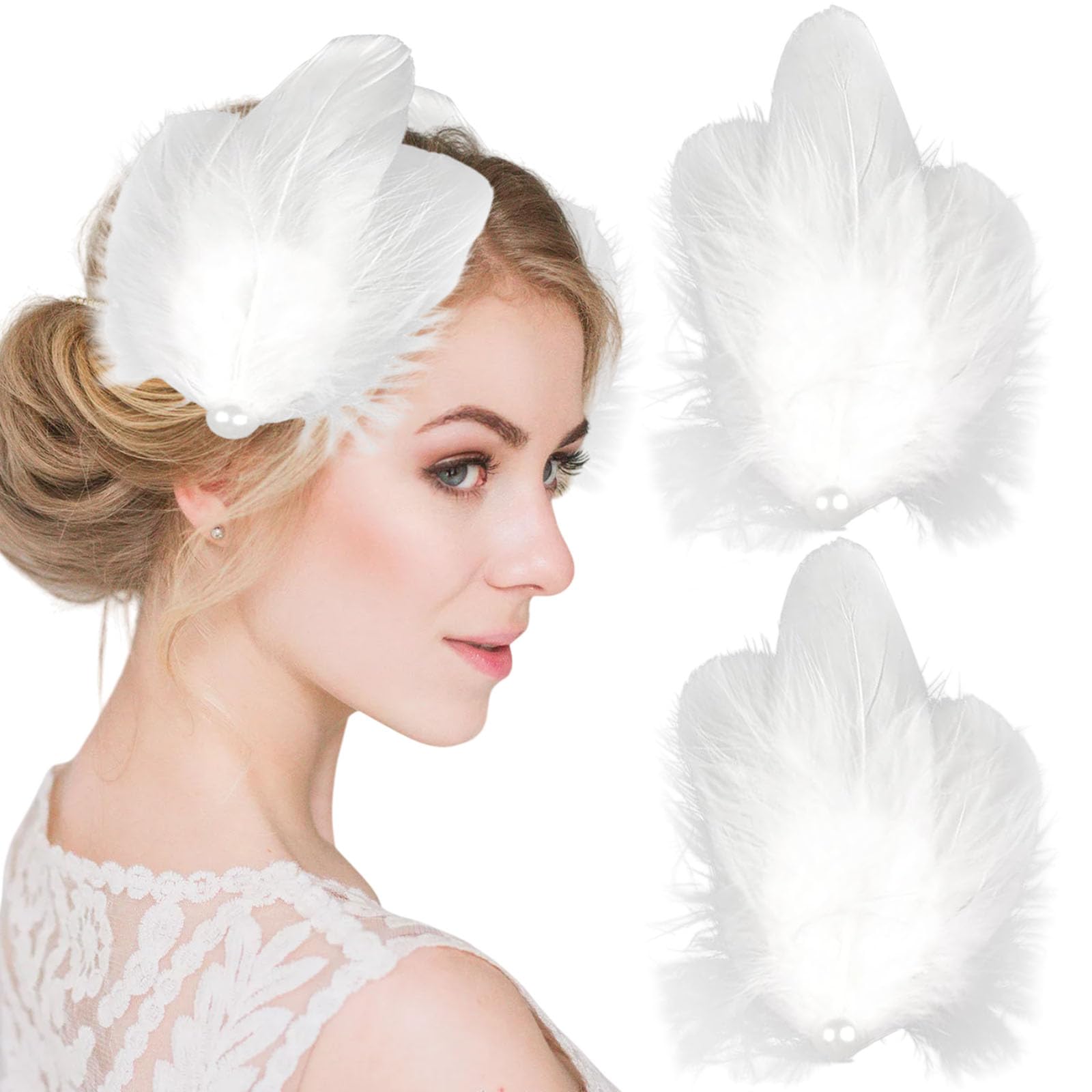 Photo 1 of 2 Pcs White Feather Hair Clips Ballet Style Pearl Ostrich Hairpins Swan Feather Bride Barrettes Accessories for Women Girls Swan Lake Cosplay Show Performance Party Halloween Costume