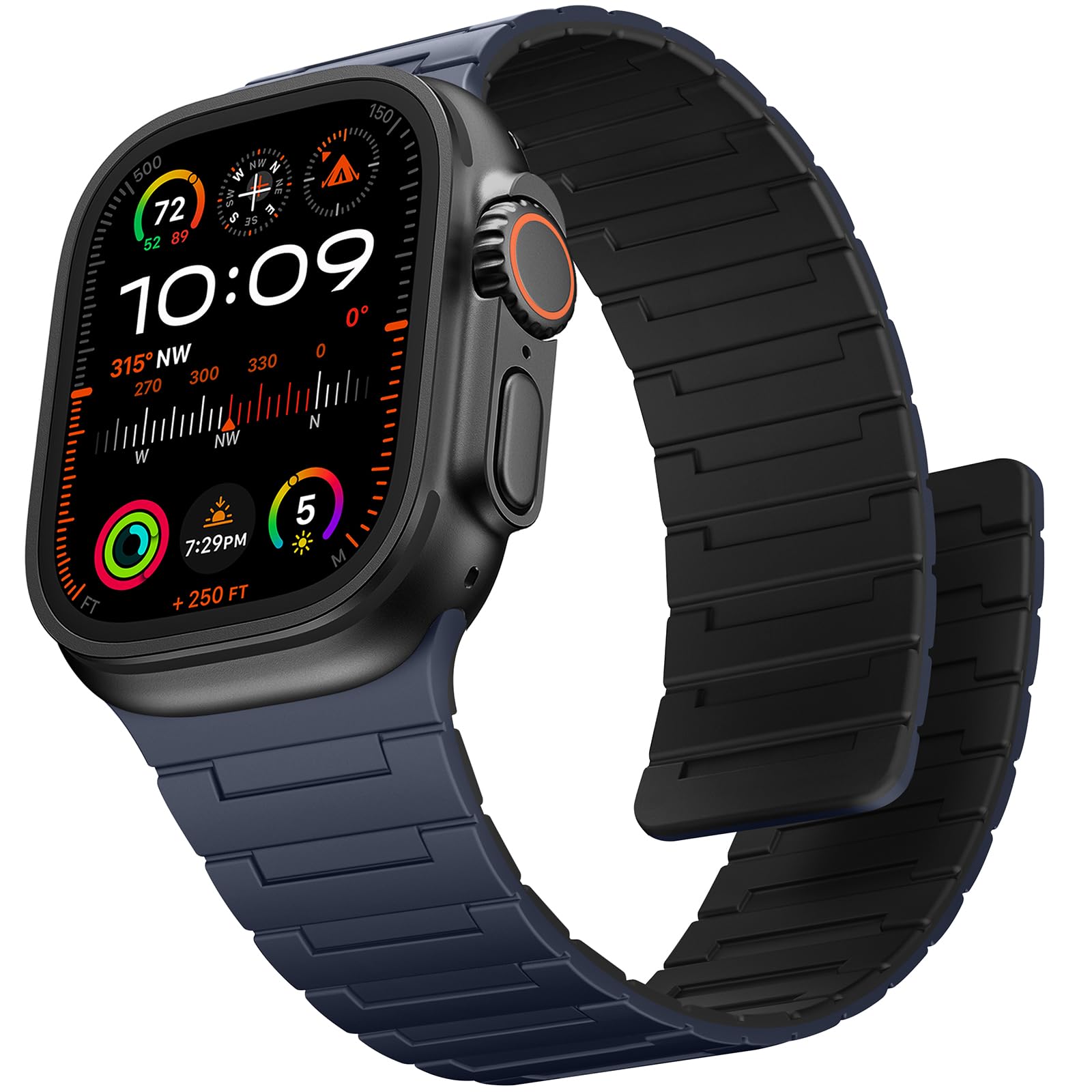 Suphart Strong Magnetic Strap Compatible with Apple Watch Strap 49mm 46mm 45mm 44mm 42mm 41mm 40mm 38mm, Silicone Band for iWatch Ultra 2 SE Series 10 9 8 7 6 5 4（49/46/45/44/42mm, Blue-Black）