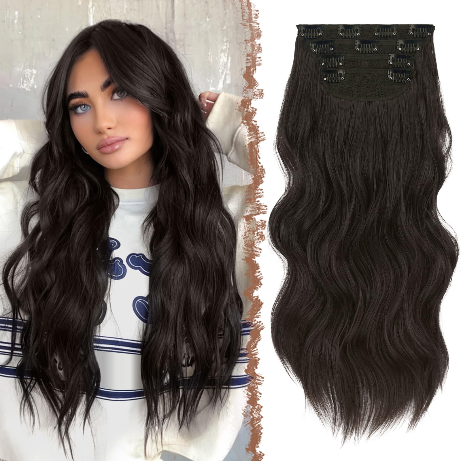 FESHFEN Clip in Hair Extensions 4PCS Black Brown Thick Hair Piece Long Wavy Clip in Extensions Full Head Synthetic Fiber Hairpieces for Women, 20 Inch 180g โ image 1