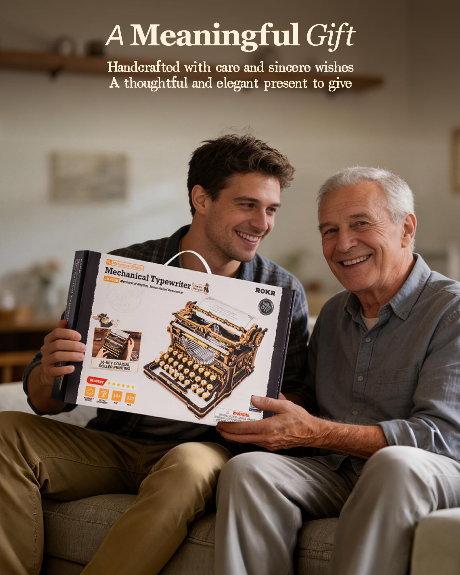 ROKR Typewriter Schreibmaschine 3D Holzpuzzle für Erwachsene, Schwarz-Gold Mechanischer Modellbausatz, Vintage 3D Puzzle Holz für Homeoffice-Deko, Retro DIY Geschenk für geduldige Bastler LK703B 8