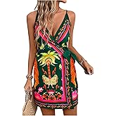 RoseSeek Women's Tropical Print Cami Dress Sleeveless Wrap V Neck Tie Knot Boho Short Dresses